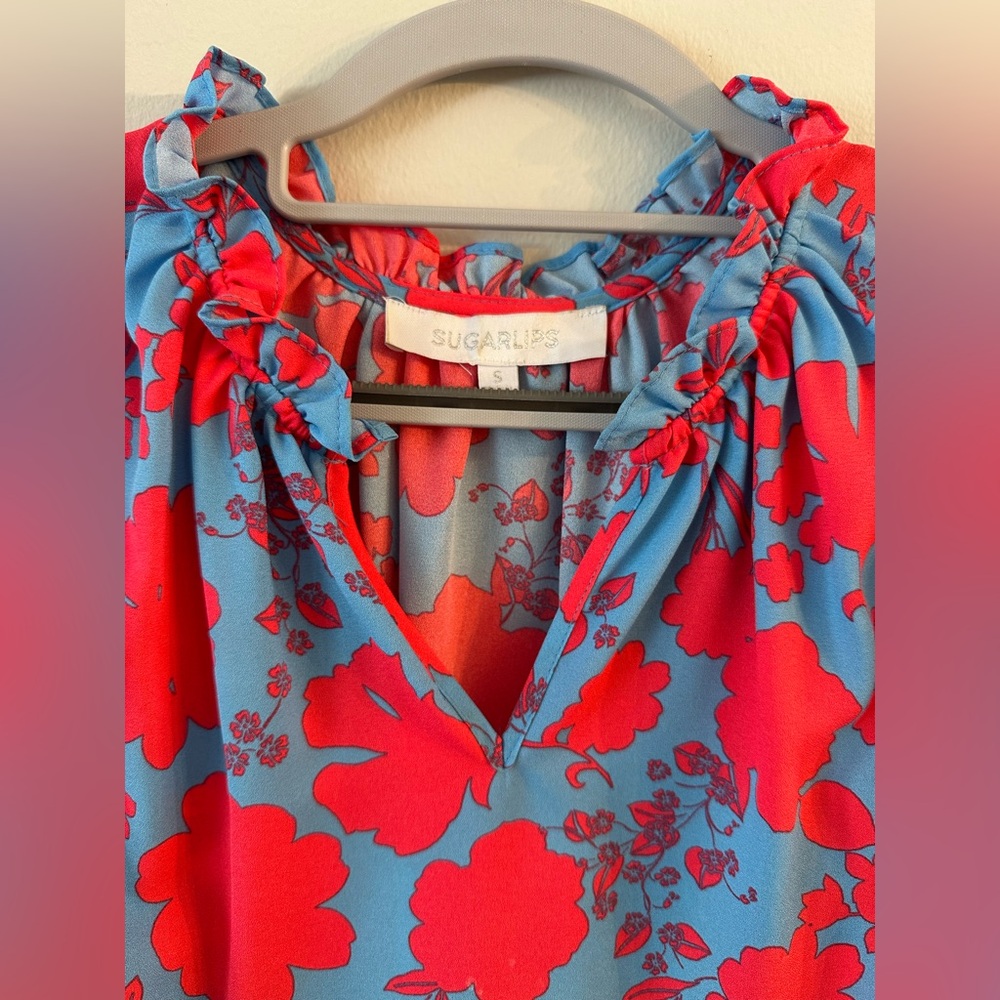 Vintage Charm | Sugarlips | Women’s Blue and Coral Floral Blouse | S - Picture 2 of 4